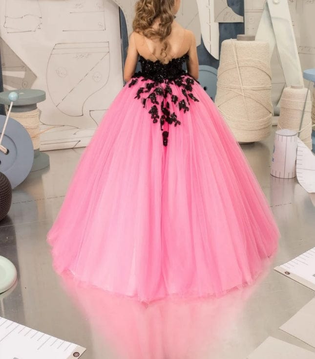 Sunnypetal Black Sequins Sleeveless Flower Girl Dresses Long Pink Tulle Ball Gowns