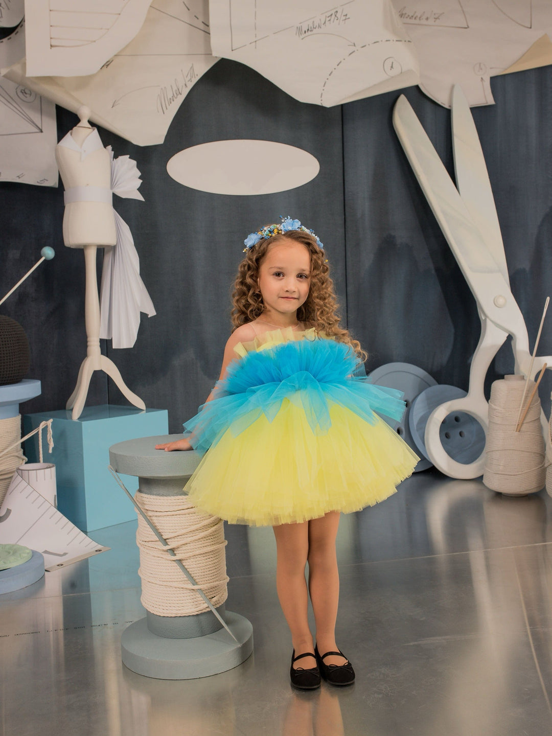 Sunnypetal Blue and Yellow Cute Puffy Tulle Kids Flower Girl Dresses Birthday Pageant Dress