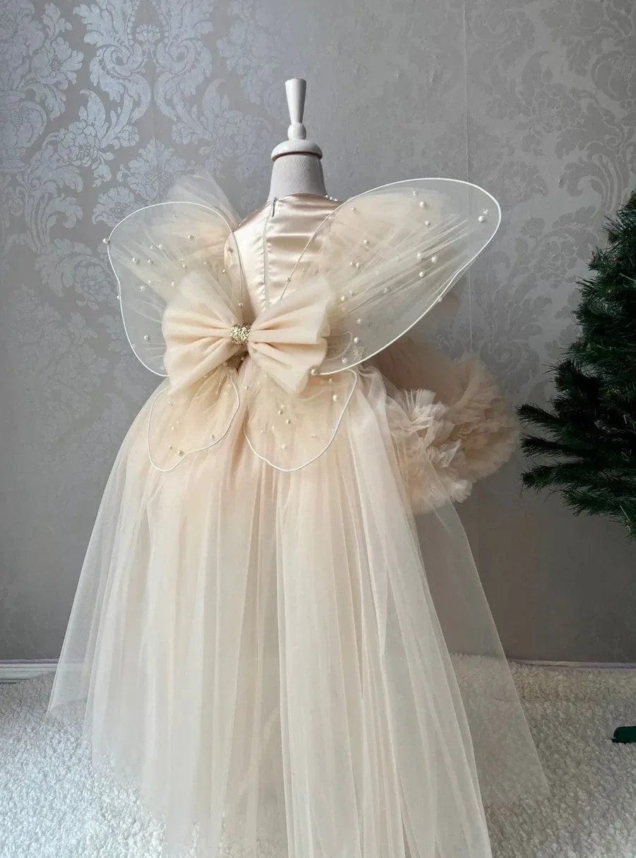 Sunnypetal Champagne Puffy Sleeves Pearls Tulle Baby Toddler Dress With 3D Butterfly / Bow