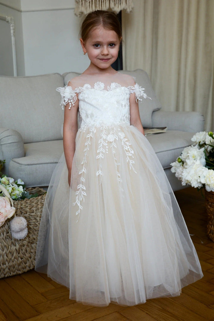 Sunnypetal Champagne Puffy Tulle Flower Girl Dresses Lace Applique Pearls Wedding Party Dress