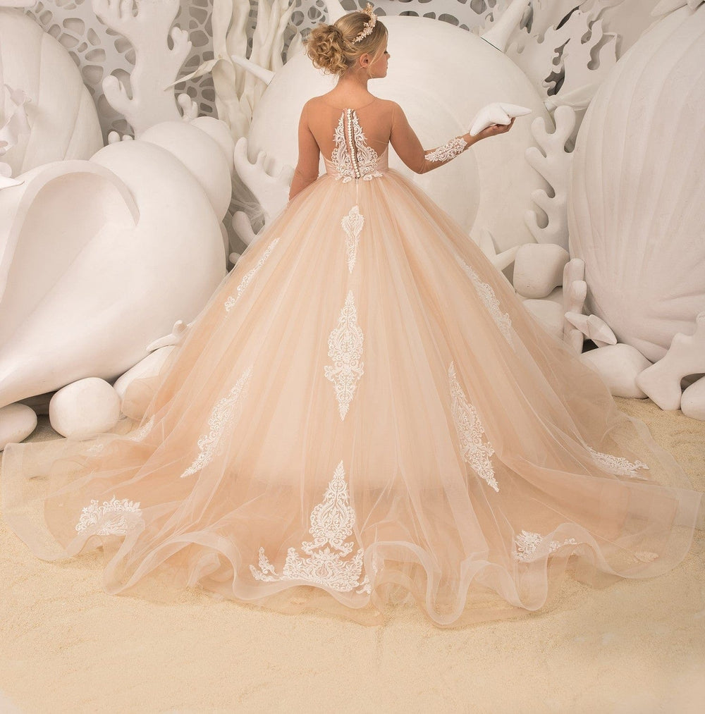 Sunnypetal Champagne Tulle Appliques Long Sleeves Princess Dress