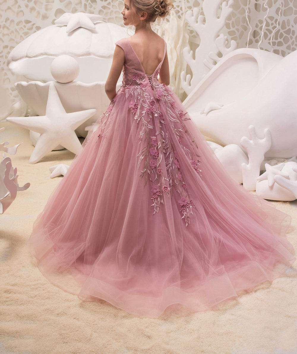 Sunnypetal Charming Rose Pink Ball Gown 3D Floral Tulle Ruffles Flower Girl Dresses With Beading