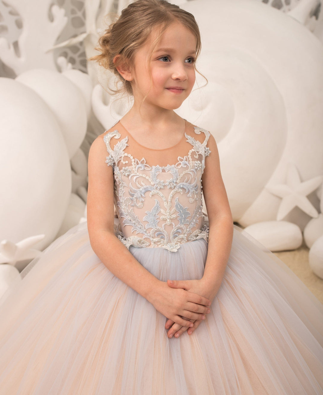 Sunnypetal Child Princess Tulle Lace Flower Girl Dresses With Beading Bow