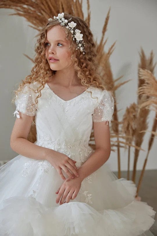 Sunnypetal Elegant Appliques Sequins Tiered Ruffle Floor-Length Flower Girl Dress