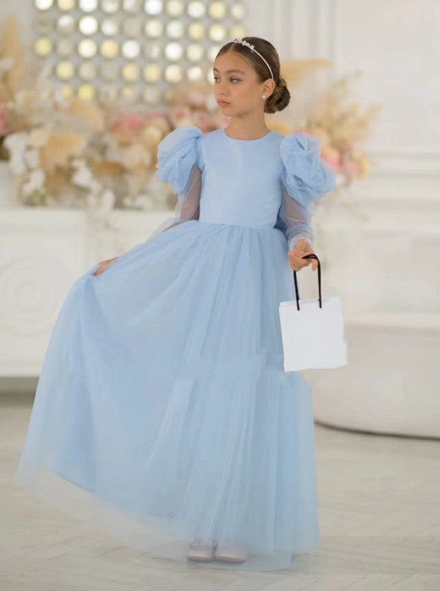 Sunnypetal Elegant Blue Tulle Flower Girl Dresses Long Puffy Sleeves Bow Princess Dress