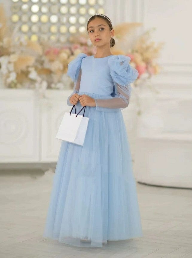 Sunnypetal Elegant Blue Tulle Flower Girl Dresses Long Puffy Sleeves Bow Princess Dress