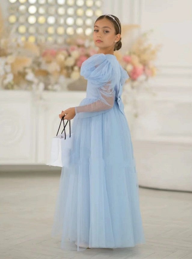 Sunnypetal Elegant Blue Tulle Flower Girl Dresses Long Puffy Sleeves Bow Princess Dress