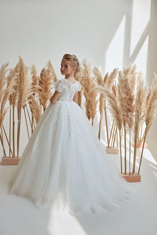 Sunnypetal Exquisite Off White Puff Sleeves Appliques Tulle Flower Girl Dresses Wedding Dress