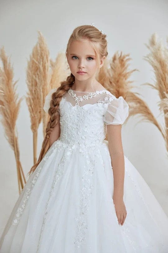 Sunnypetal Exquisite Off White Puff Sleeves Appliques Tulle Flower Girl Dresses Wedding Dress