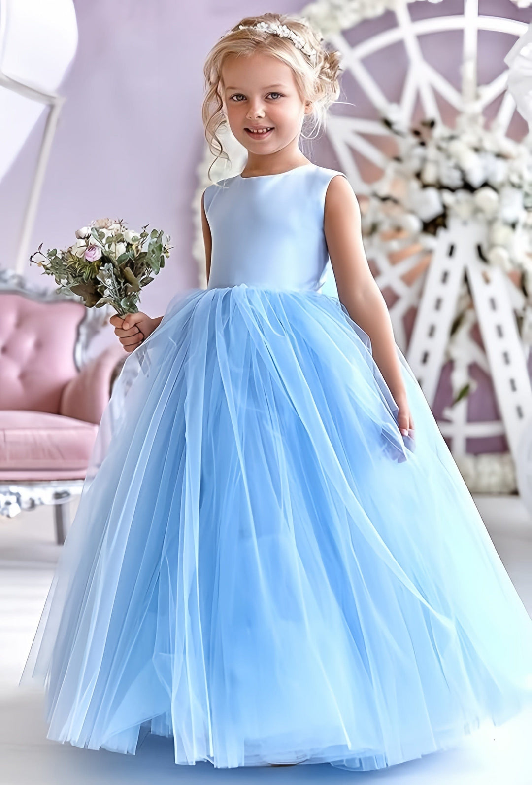 Sunnypetal First Communion Dress Satin Tulle Kids Flower Girl Dress Ball Gown