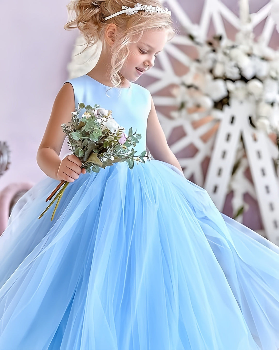 Sunnypetal First Communion Dress Satin Tulle Kids Flower Girl Dress Ball Gown