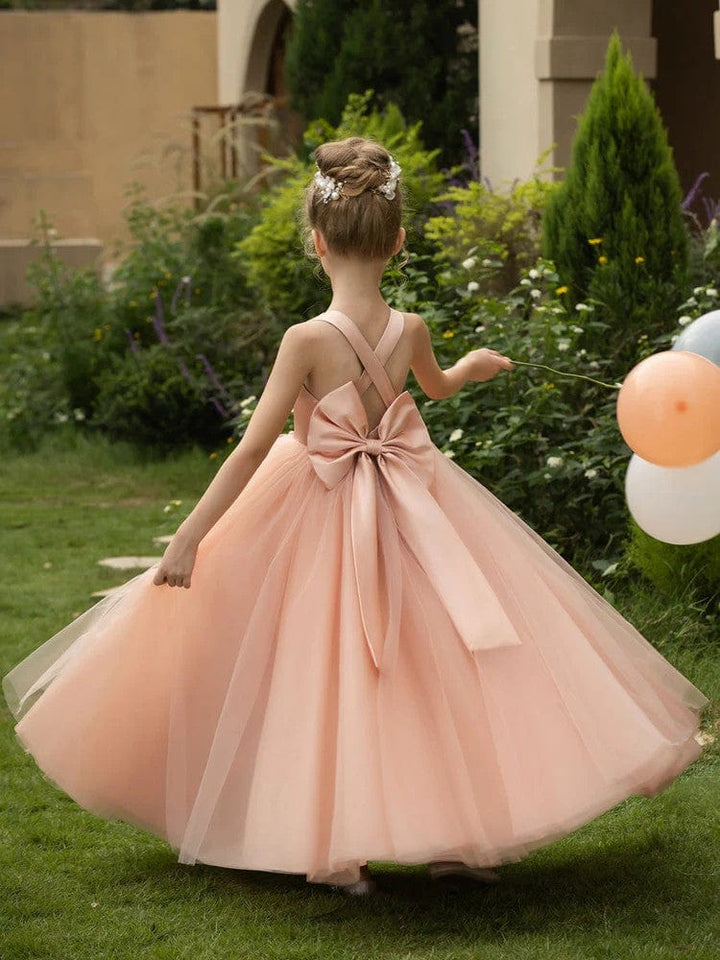 Sunnypetal Floor-Length V-Neck Sleeveless Tulle Flower Girl Dresses with Satin Bow