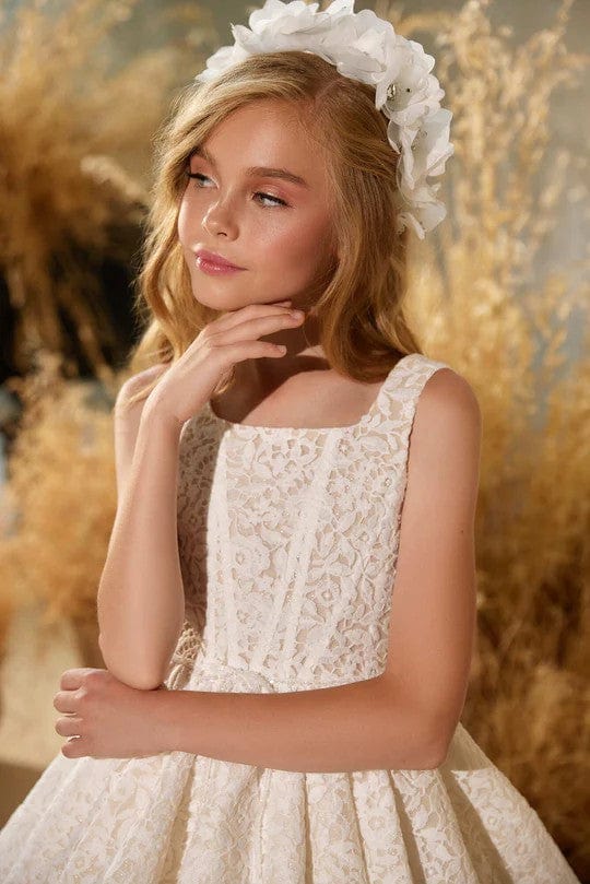 Sunnypetal Floral Lace Sleeveless Flower Girl Dress Bodice High Waist Dress