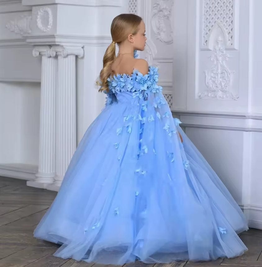 Sunnypetal Flower Girl Dress 3D Floral Off The Shoulder Tulle Birthday Kids Ball Gowns