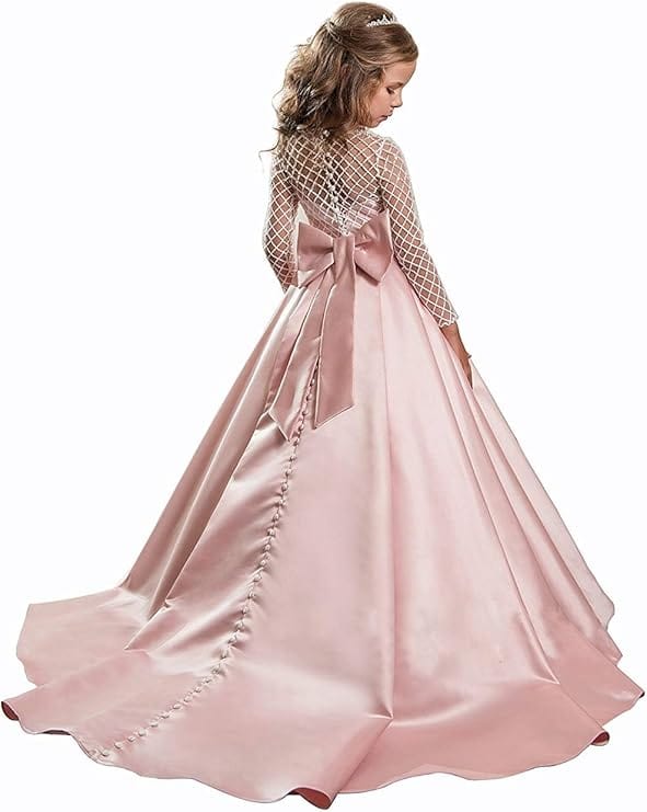 Sunnypetal Flower Girl Dress Long Sleeves Satin Button Draped Tulle Ball Gowns for Kids