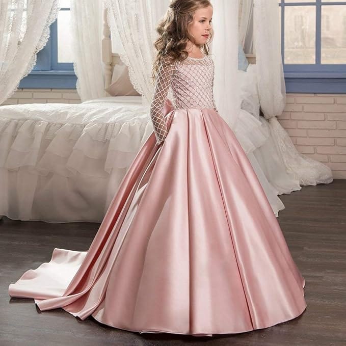 Sunnypetal Flower Girl Dress Long Sleeves Satin Button Draped Tulle Ball Gowns for Kids