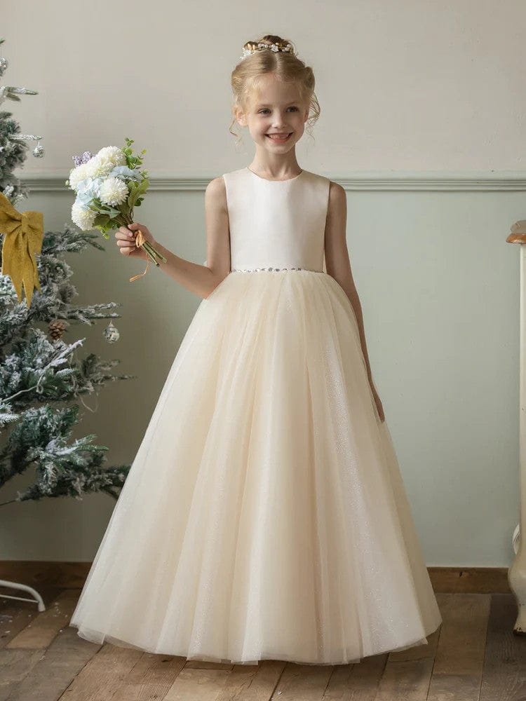 Sunnypetal Flower Girl Dress Puffy Satin Tulle/Satin Princess Bow Ball Gown