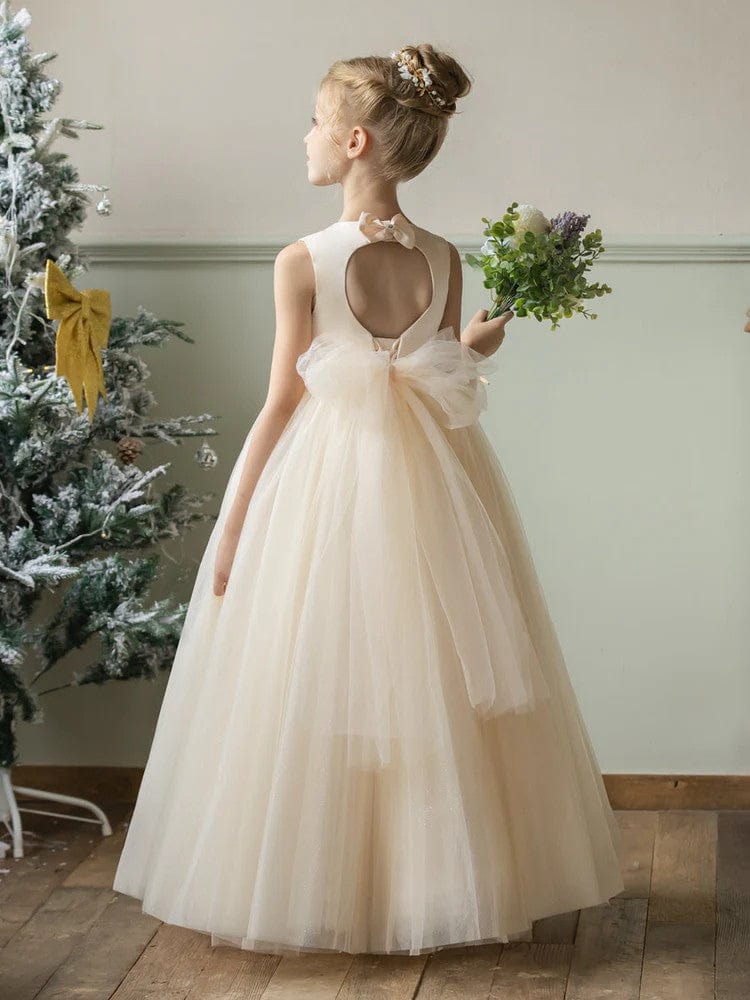 Sunnypetal Flower Girl Dress Puffy Satin Tulle/Satin Princess Bow Ball Gown