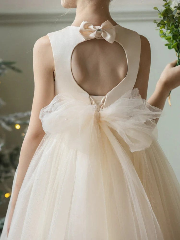 Sunnypetal Flower Girl Dress Puffy Satin Tulle/Satin Princess Bow Ball Gown