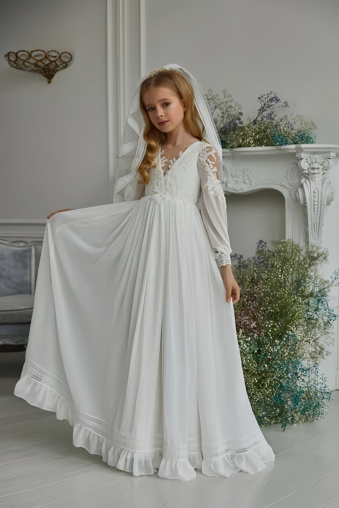 Sunnypetal Flower Girl Dresses Chiffon Lace Ruffles A-Line First Communion Dress