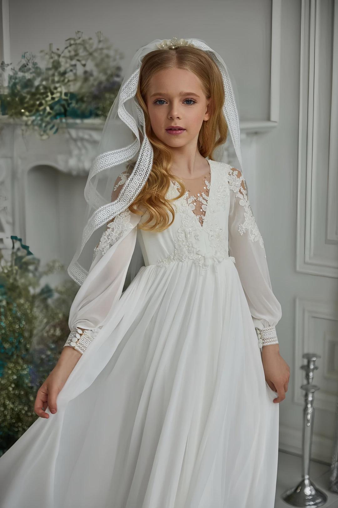 Sunnypetal Flower Girl Dresses Chiffon Lace Ruffles A-Line First Communion Dress