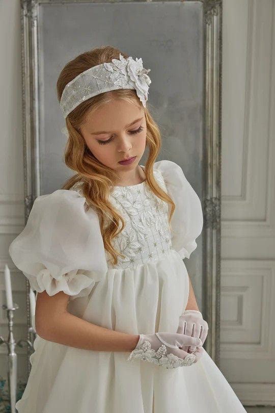 Sunnypetal Flower Girl Dresses Chiffon Ruffles Empire Waist Dress with Puff Sleeves