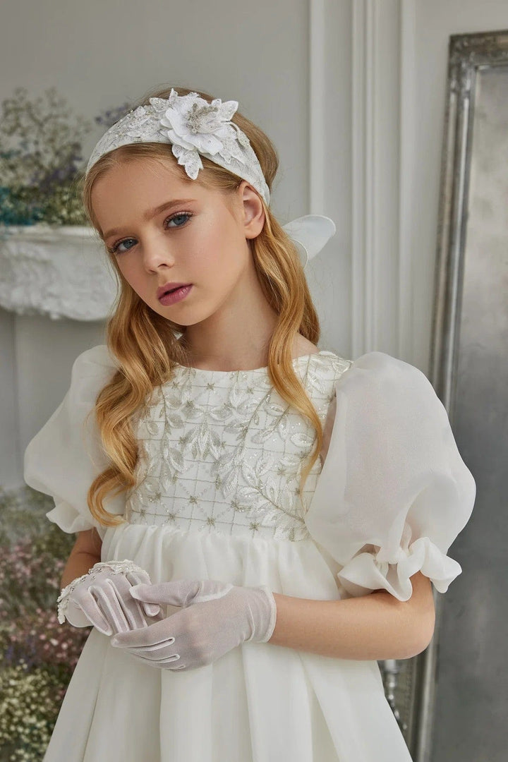 Sunnypetal Flower Girl Dresses Chiffon Ruffles Empire Waist Dress with Puff Sleeves