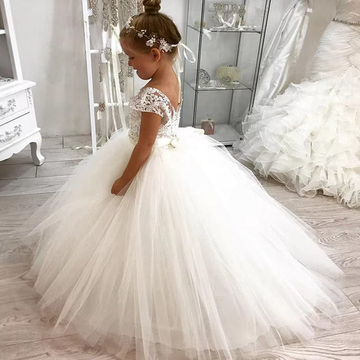 Sunnypetal Flower Girl Dresses Lace Sleeveless Tulle Ball Gowns With Beading