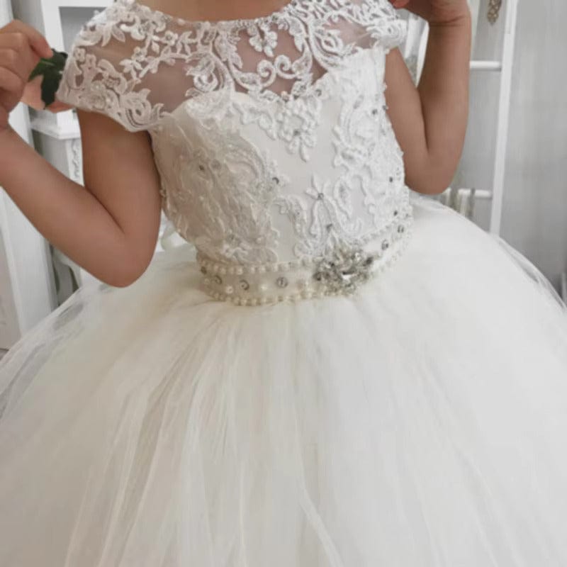 Sunnypetal Flower Girl Dresses Lace Sleeveless Tulle Ball Gowns With Beading