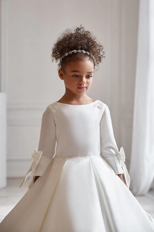 Sunnypetal Flower Girl Princess Dress Satin Communion Dress with Sleeves Bow