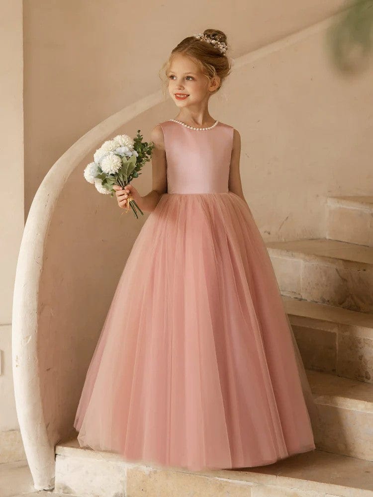 Sunnypetal Flower Girls Dresses Satin Tulle Princess Kids Pearls Ball Gowns with Bow-Knot