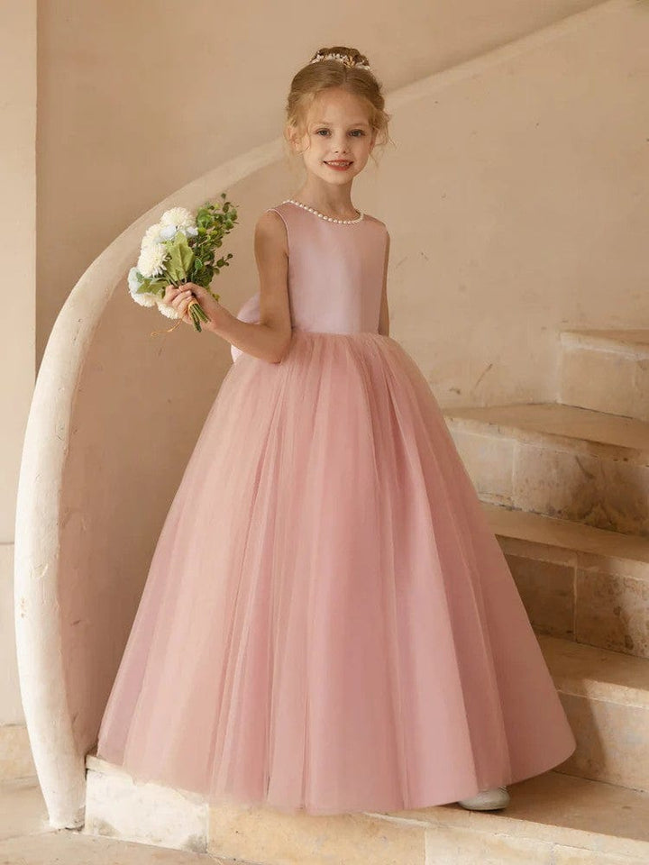 Sunnypetal Flower Girls Dresses Satin Tulle Princess Kids Pearls Ball Gowns with Bow-Knot