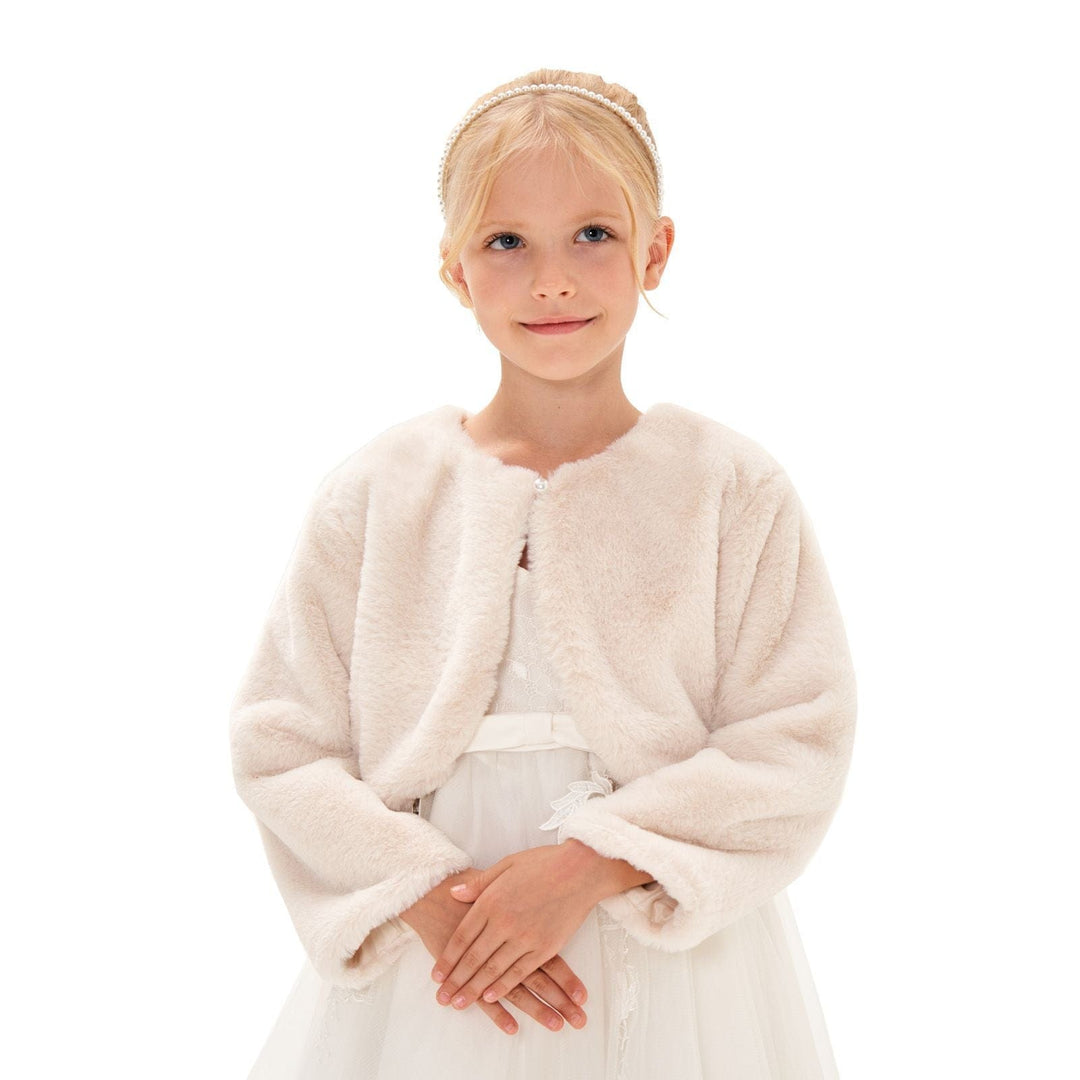 Sunnypetal Girls Cozy Faux Fur Bolero Shrug Long Sleeve Crew Neck Dress Coat