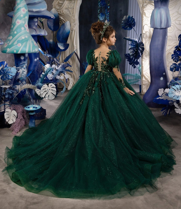 Sunnypetal Glitter Tulle Hunter Green Puff Sleeves Appliques Flower Girl Dresses