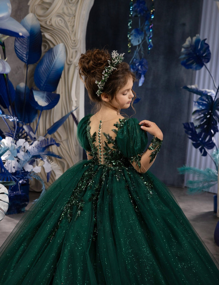 Sunnypetal Glitter Tulle Hunter Green Puff Sleeves Appliques Flower Girl Dresses