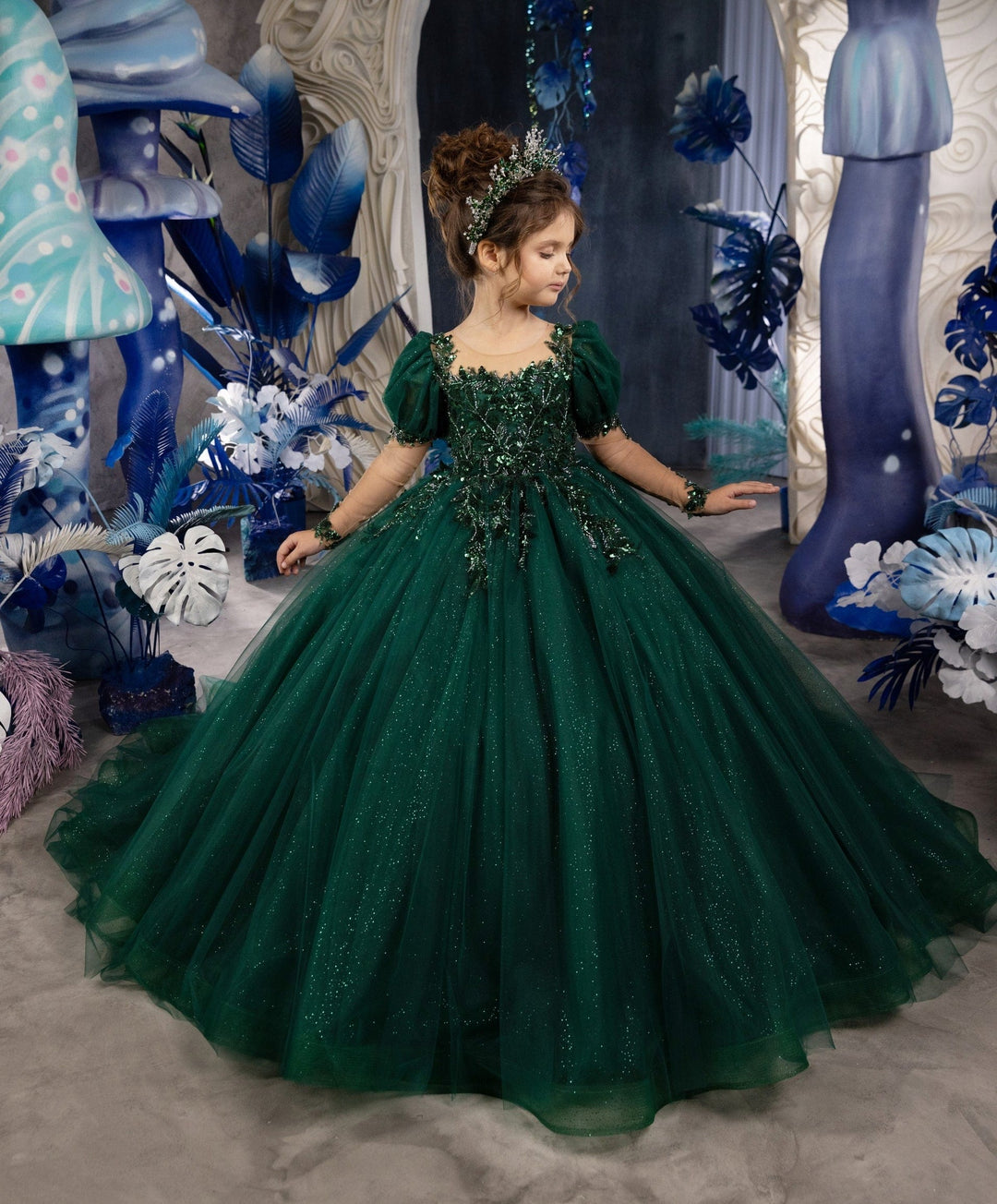 Sunnypetal Glitter Tulle Hunter Green Puff Sleeves Appliques Flower Girl Dresses