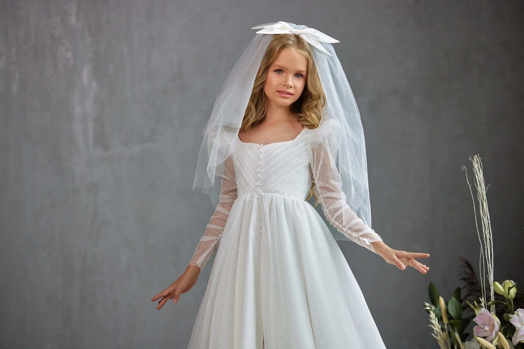 Sunnypetal Glitter Tulle Square Neck First Communion Dress with Pleated Bodice