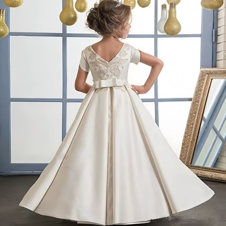 Sunnypetal Gold Appliques Elegant Satin Flower Girl Dresses First Holy Communion Dress