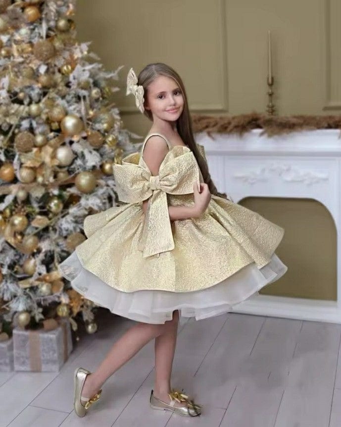 Sunnypetal Gold Satin Puffy Princess Flower Girl Dresses Short Big Bow Pageant Prom Dress