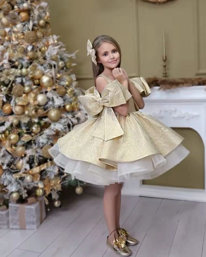 Sunnypetal Gold Satin Puffy Princess Flower Girl Dresses Short Big Bow Pageant Prom Dress