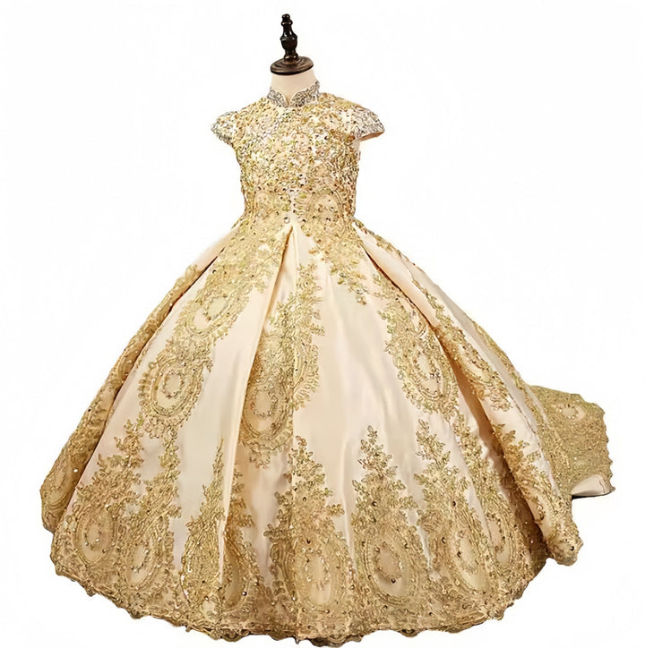 Sunnypetal Golden Beaded Flower Girl Dresses Sleeveless Lace Appliques Holy Communion Dresses