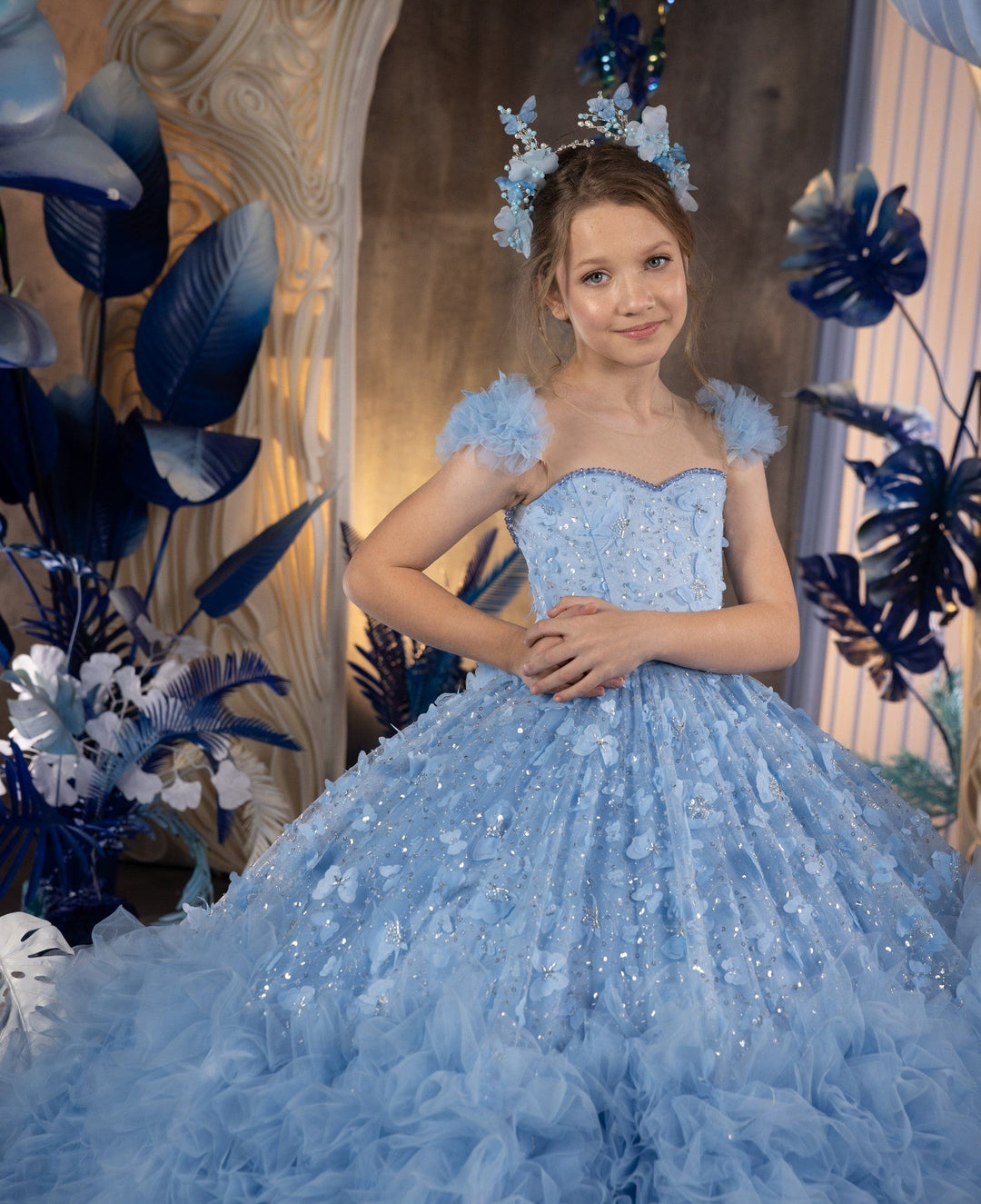 Sunnypetal Gorgeous Blue Tulle Sequins Butterfly Flower Girl Dresses Birthday Pageant Gowns