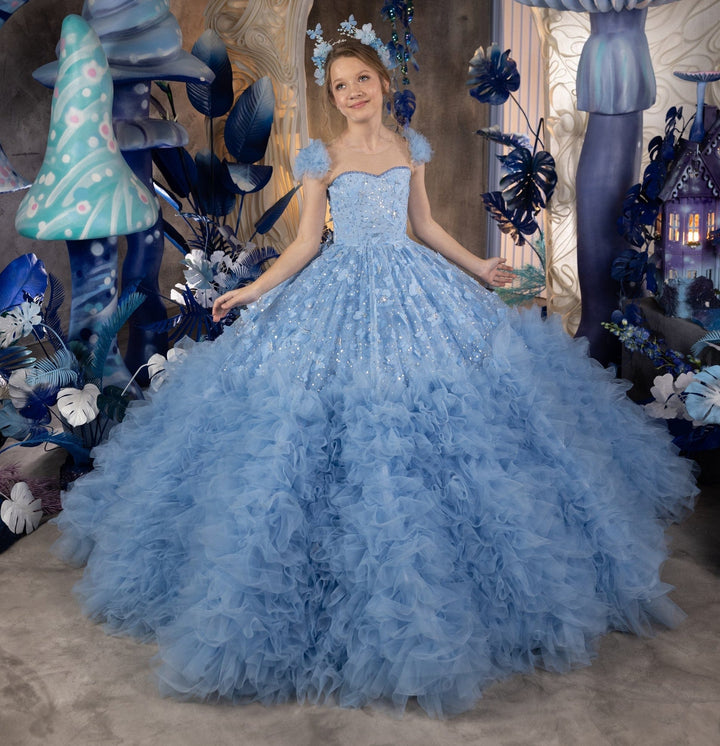 Sunnypetal Gorgeous Blue Tulle Sequins Butterfly Flower Girl Dresses Birthday Pageant Gowns