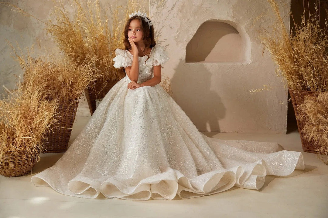 Sunnypetal Gorgeous Flower Girl Dresses Ivory Embellished Tulle Sparkle Sequins Dress