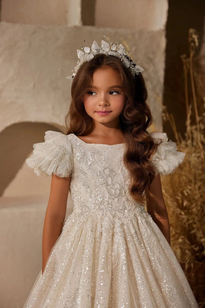 Sunnypetal Gorgeous Flower Girl Dresses Ivory Embellished Tulle Sparkle Sequins Dress