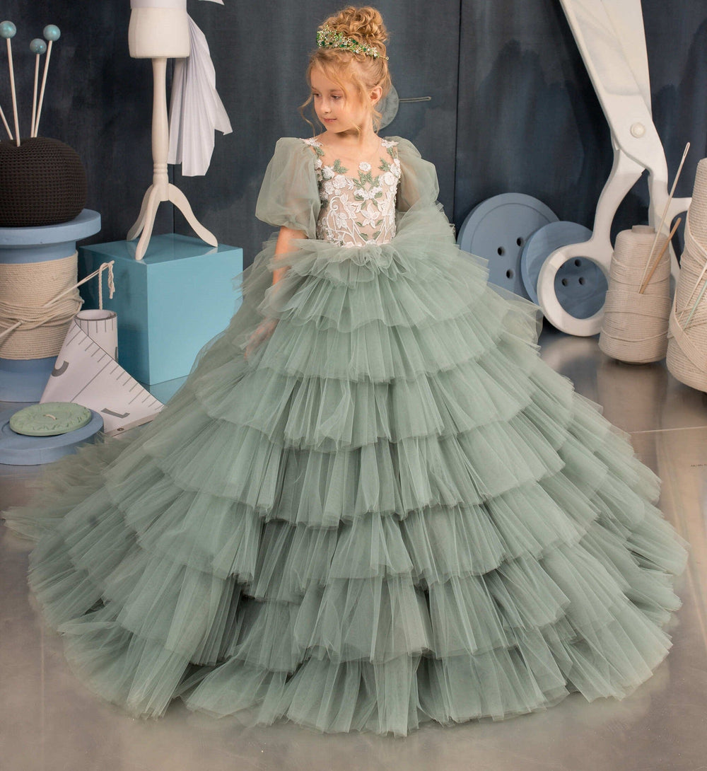 Sunnypetal Grey Green Tulle Puff Sleeve Flower Girl Puffy Tiered Dresses