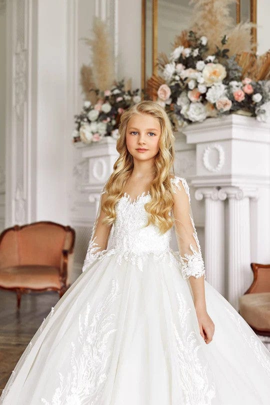 Sunnypetal Half Sleeves Tulle Appliques Flower Girl Dresses Wedding First Communion Dress