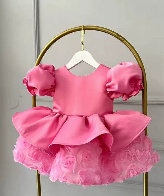 Sunnypetal Hot Pink Puff Sleeves Satin Knee Length 1st Birthday Party Dress for Baby Girls