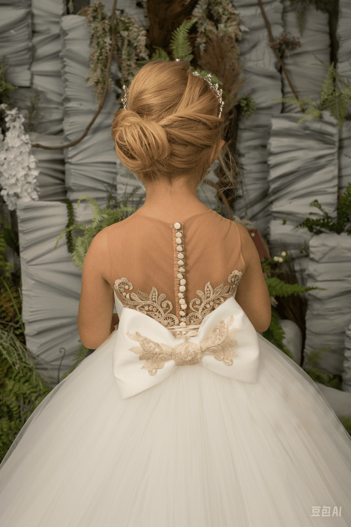 Sunnypetal Iovry Flower Girl Tulle Dress Sleeveless Appliques Bow Wedding Communion Gown