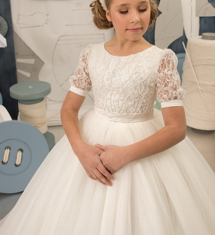 Sunnypetal Ivory Ball-Gown Tulle Appliques Sequins Half Sleeve Flower Girl Dresses